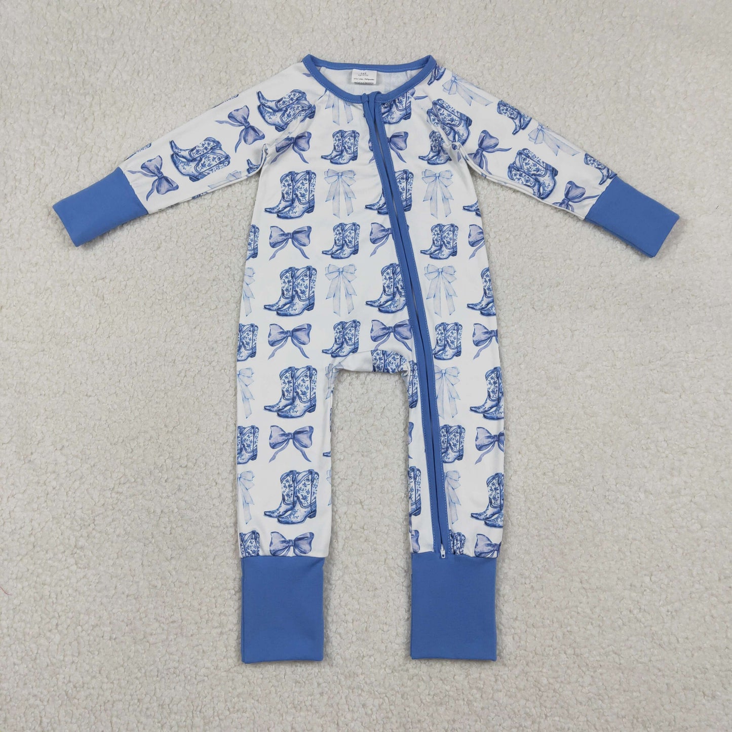RTS NO MOQ（In Stock) Boots Bow Pattern Blue and White Zipper Long-Sleeve Jumpsuit
