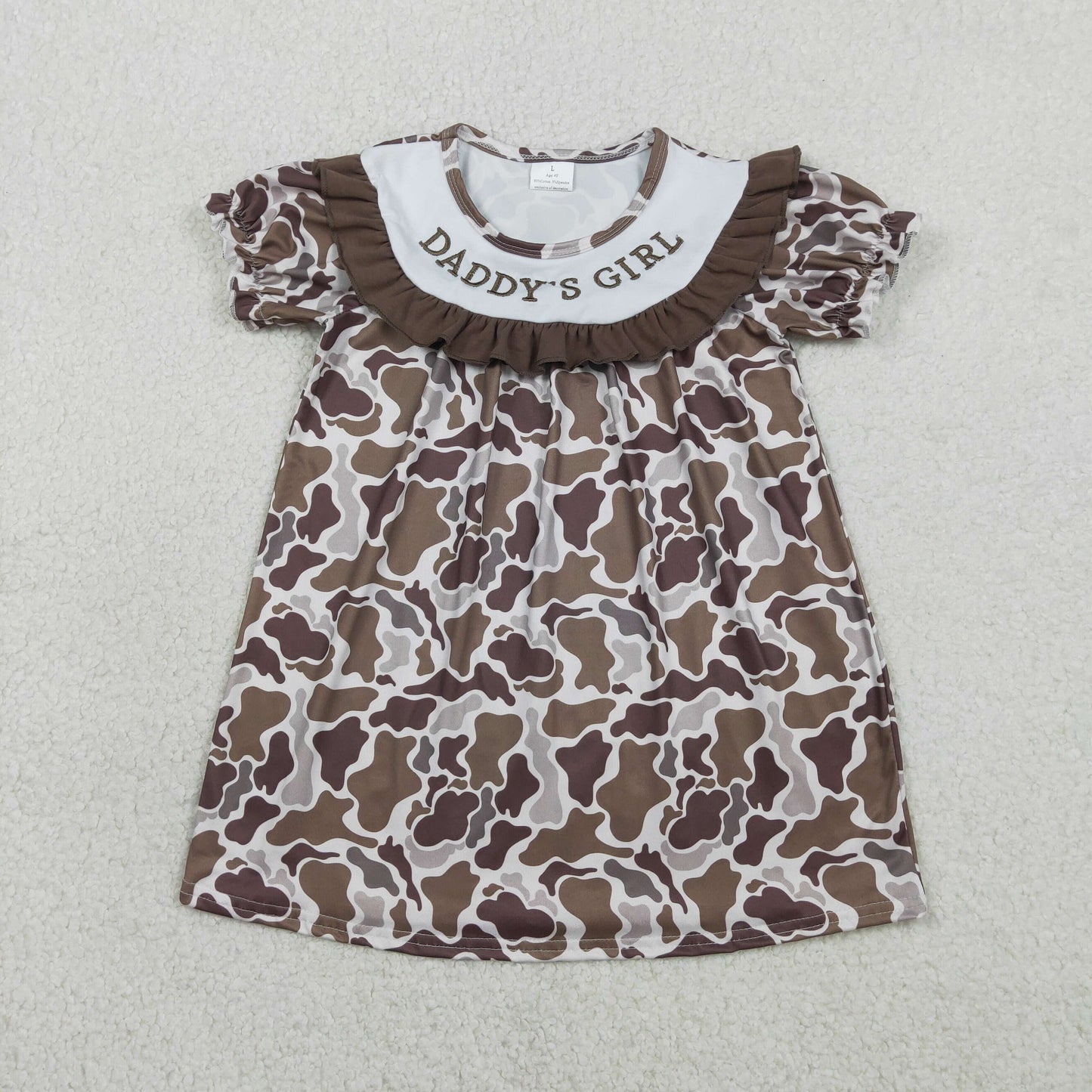 GSD3526 Kids Embroidery Daddy's Girls Southern Brown Camo Ruffle Knee Length Dresses