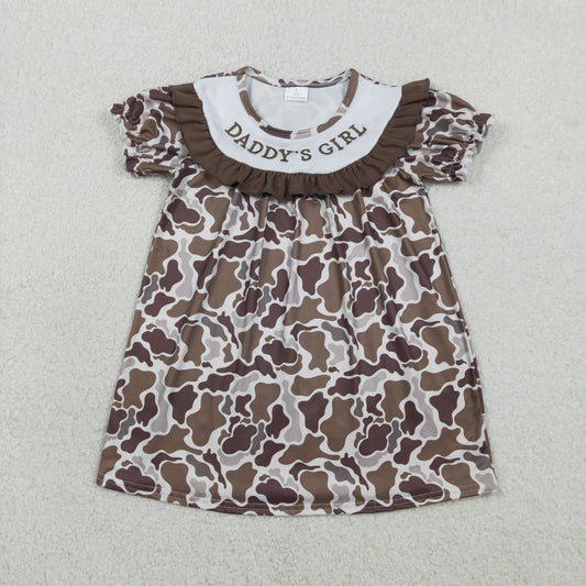 GSD3526 Kids Embroidery Daddy's Girls Southern Brown Camo Ruffle Knee Length Dresses