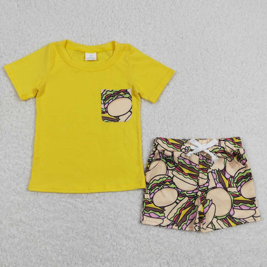 BSSO0547 Hamburger pocket yellow short-sleeved shorts set