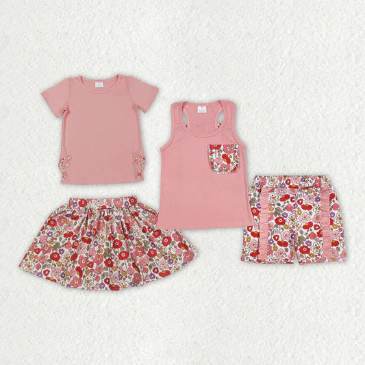 3.14 Sibling Baby Girls Coral Flowers Skort Clothes Sets