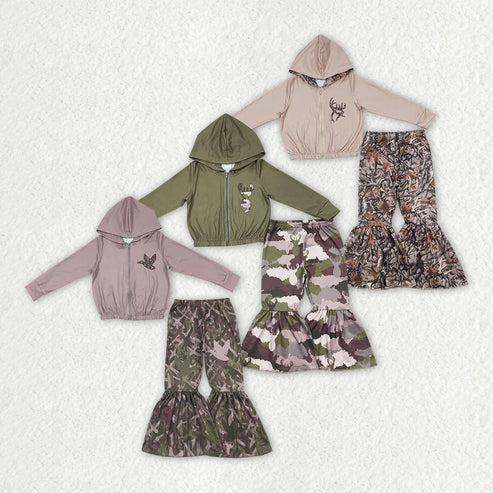 3.18 Sibling Baby Girls Hunting Duck Hooded Top Camo Bell Pants Clothes Sets