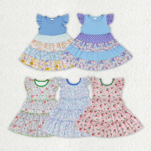 L-3.8 Sibling Baby Girls Flutter Sleeve Flowers Twirl Knee Length Dresses