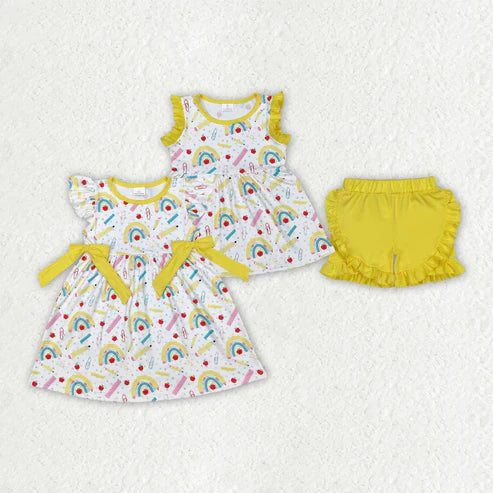 Sibling Baby Girls Rainbow Back To School Dresses Outfits Sets