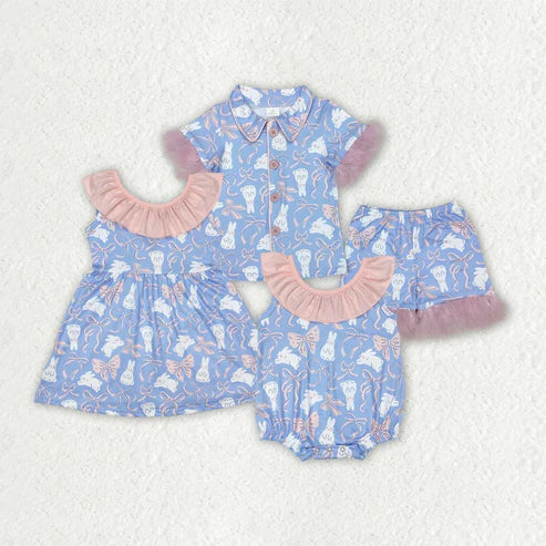 Sibling Baby Girls Easter Rabbits Bows Rompers Dresses Pajamas