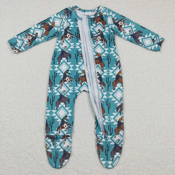 LR0248 Western Baby Horse Cactus Rodeo Zipper Long Sleeve Romper