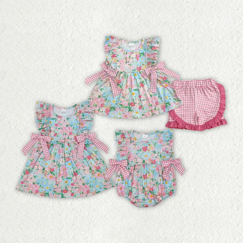 Sibling Baby Girls Blue Pink Flowers Rompers Dresses Outfits Sets