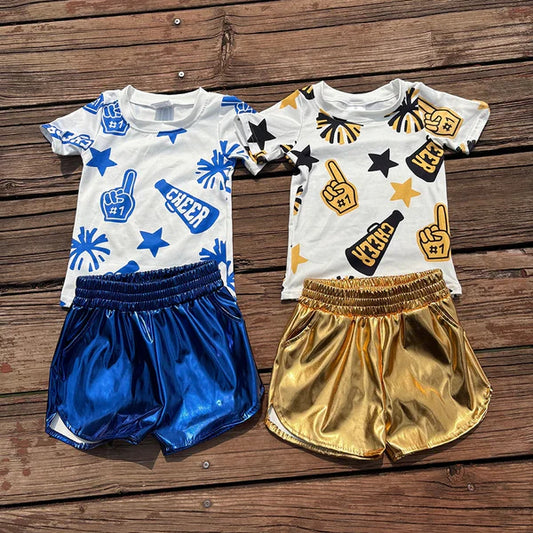 3.17 Sibling Baby Girls Cheer Team Tops Leather Shorts Clothes Sets