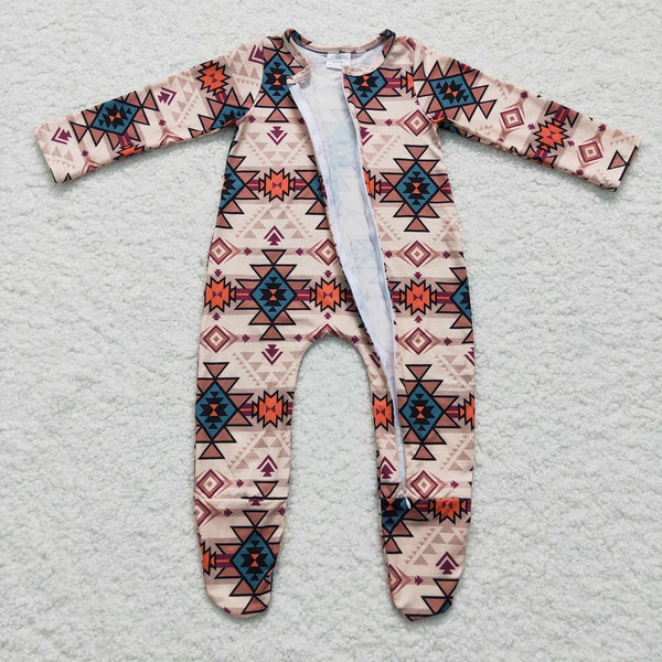 LR0255 Western Baby Plaid Zipper Long Sleeve Romper