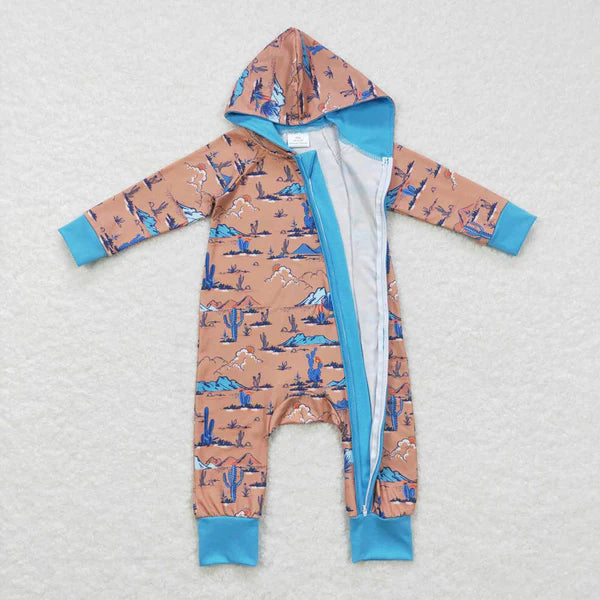 LR0702 Desert Cactus Brown Blue Hooded Zipper Long Sleeve Jumpsuit