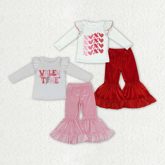 3.18 Sibling Baby Girls Valentines Shirt Top Velvet Bell Pants Outfits Suits