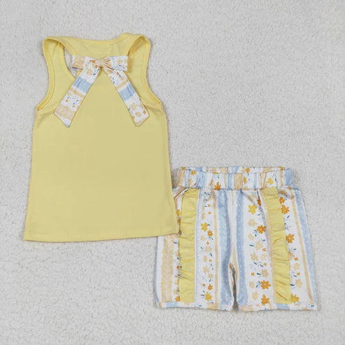 GSSO1788 Baby Girls Yellow Vest Shirt Flowers Shorts Clothes Set