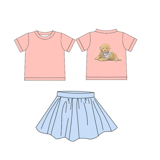 4.17  GSSO2542 Baby Girls Pink Short Sleeves Dog Top Blue Skirt Set Preorder