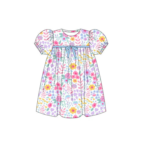 6.13 GSD2592 Baby Girls Short Ruffle Sleeves Pink Lavender Floral Bow Knee Length Dresses Preorder