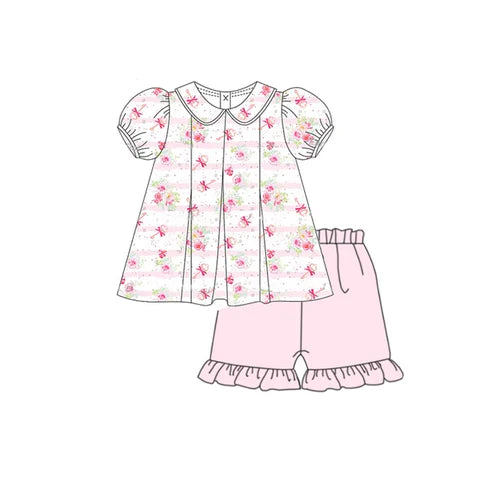 3.22  GSSO2380 Baby Girls Pink Stripe Floral Tunic Ruffle Short Set Preorder