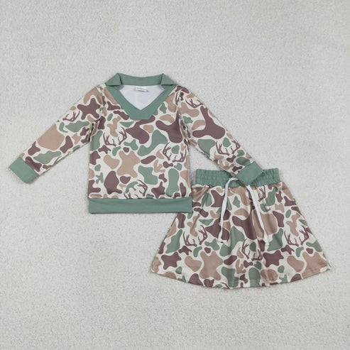 RTS NO MOQ(In Stock) GLD1477 Baby Girls Green Deer Camo Long Sleeve Skirts Shorts Hunting Clothes Set