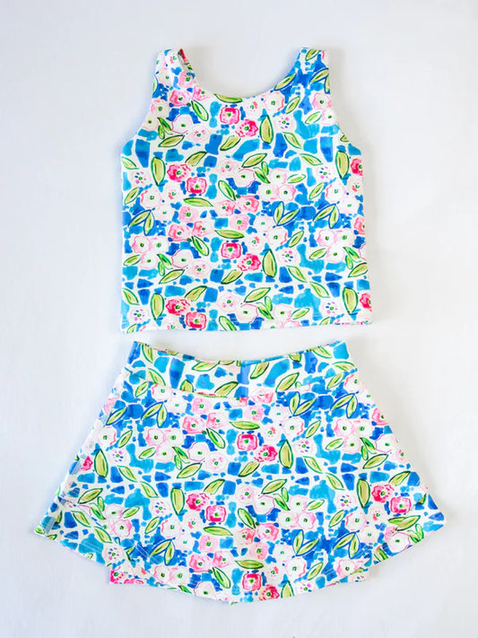 L-3.5 GSD1988 Baby Girls Blue Flowers Athletic Active Wear Top Shorts Skirts Clothes Sets Preorder