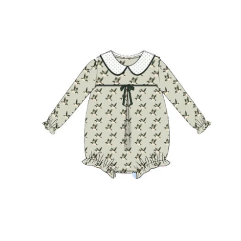 10.20 LR2746 Baby Girls Green Ducks Plaid Ruffle Sleeve Collar Rompers Preorder