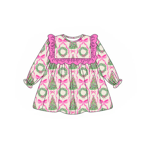 5.21 GLD1040 Baby Girls Long Ruffle Sleeves Bows Trees Plaid Knee Length Dresses Preorder
