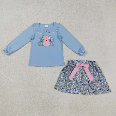 9.1 GLD0849 Embroidery Baby Girls Fall Thanksgiving Turkey Shirt Skirts Floral Outfits Clothes Set