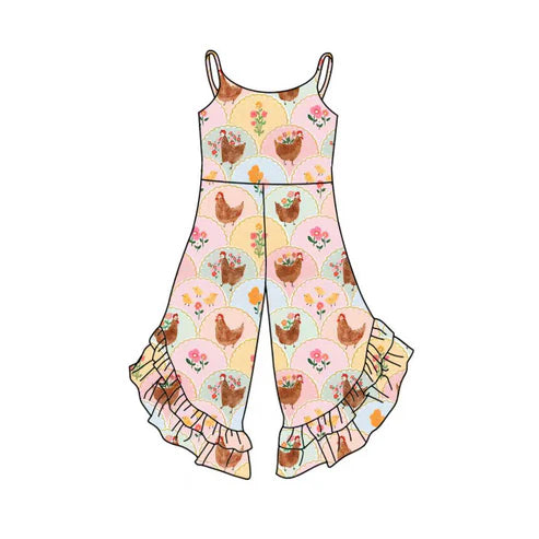 10.20 SR3264 Baby Girls Strap Flowers Chicks Checked Bell Bottom Pant Jumpsuits Preorder