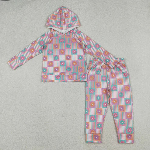 10.14 GLP2853 Baby Girls Flowers Checked Hoodies Pockets Pants Clothes Set