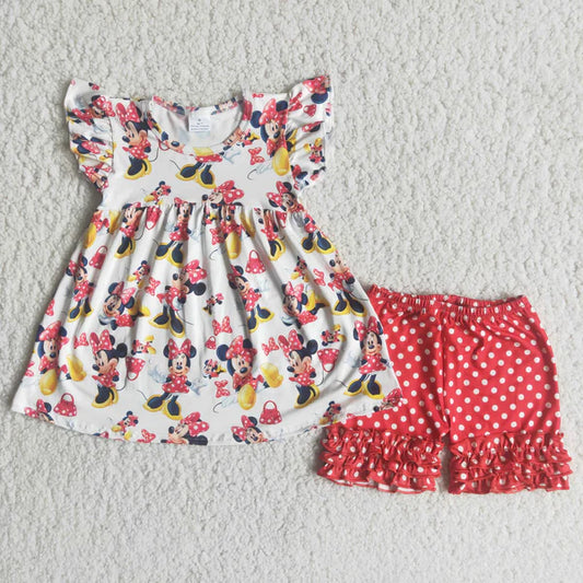 L-3.1 C0-15 Girls' cartoon bow polka dot red short-sleeved shorts suit