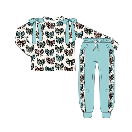 7.9 Custom Moq 3 Baby Girls Long Sleeves Leopard Bows Plaid Top Pockets Pant Clothes Set