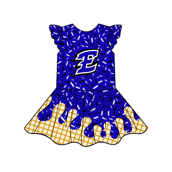 7.7 Custom Moq 3 Baby Girls Blue E Team Flutter Sleeve Knee Length Dresses