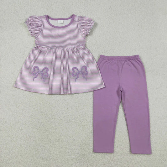 12.13 GSPO2153 Embroidery Bows Baby Girls Lavender Stripe Tunic Leggings Pant Clothes Set