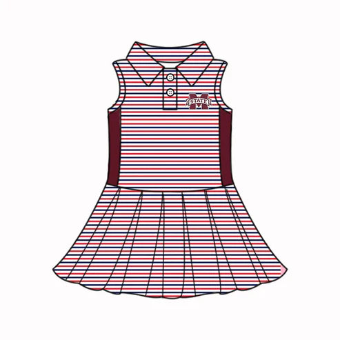 6.21  Custom Moq 3 Baby Girls Sleeveless Dark Red Stripes State M Button Knee Length Dresses