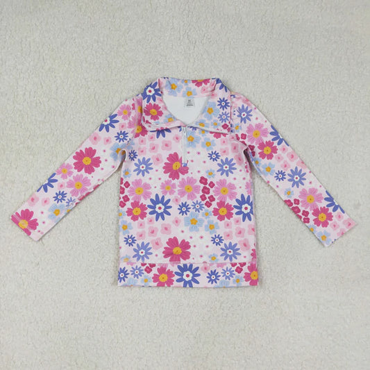 12.13 GT1373 Baby Girls Pink Blue Daisy Flowers Yoga Active Zipper Pullovers Top