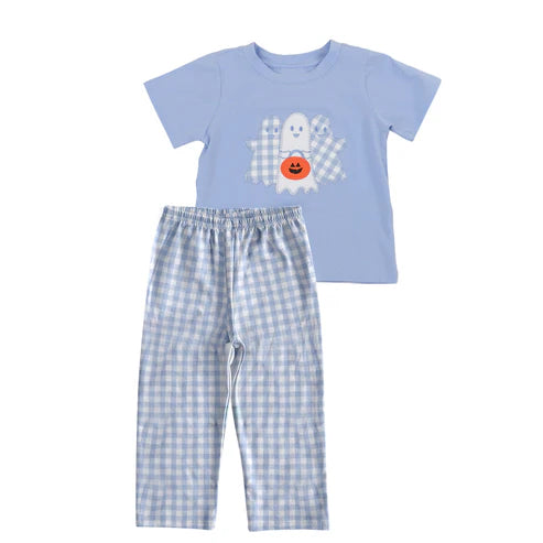 7.30 BSPO0581 Baby Boys Ghosts Pumpkins Top Plaid Pant Halloween Set Preorder