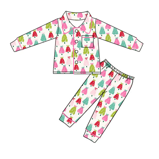 6.11 GLP1995 Baby Kids Christmas Colorful Trees Buttons Top Pants Pajamas Clothes Sets Preorder
