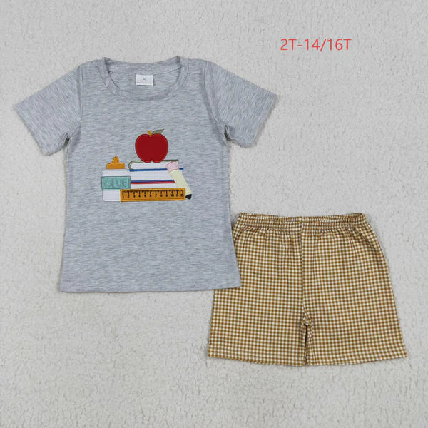 6.23 BSSO1281 Embroidery Baby Boys Apple Back To School Books Shirt Shorts Set