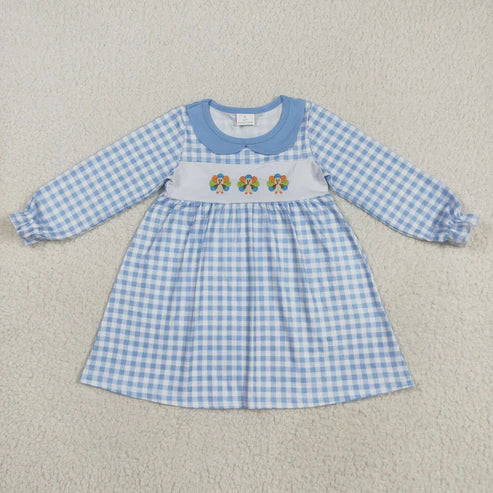8.12 GLD1070 Baby Girls Blue Long Sleeves Plaid Turkey Ruffle Knee Length Dress