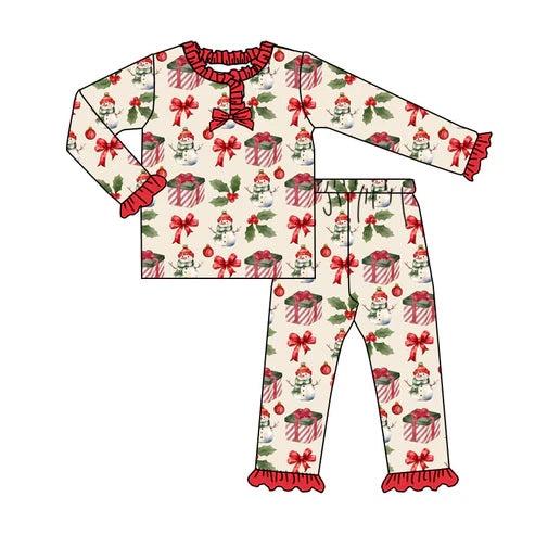 9.2 GLP2773 Baby Girls Snowmen Bows Button Top Pant Christmas Pajamas Set Preorder