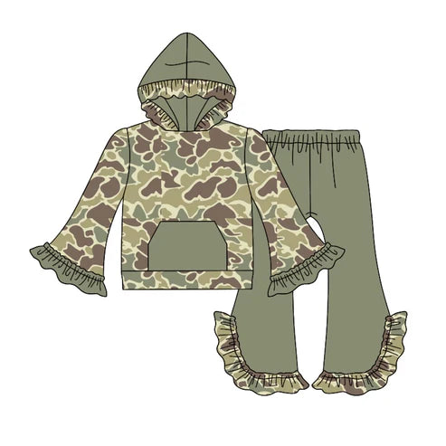 5.30 GLP2029 Baby Girls Green Camo Hooded Top Bell Pants Clothes Sets Preorder