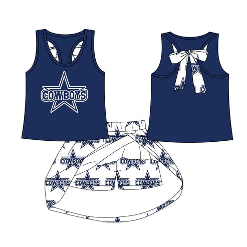 8.1 Custom Moq 5 Baby Girls Cowboys bow vest team Top Skirt Skort Sets