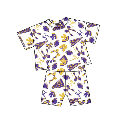 10.22 GSSO2726 Baby Girls Yellow Purple Bows Footballs Go Team Top Shorts Pajamas Sets