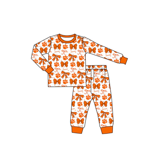9.5 Custom Moq 5 Baby Girls Orange Clemson Team Bows Top Pants Pajamas Sets