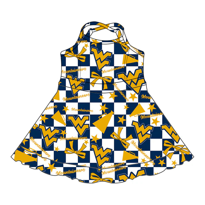 7.8Custom Moq 3 Baby Girls Strap WV Bows Plaid Short Ruffle Team Knee Length Dresses