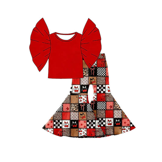 11.24 MOQ:5pcs GSPO2212 pre-order toddler girl clothes cherry print girl bell bottom pant set