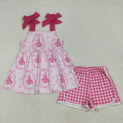 6.23 GSSO2582 Baby Girls Pink Strap Castles Bows Tunic Plaid Short Set