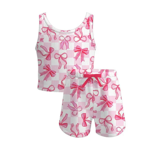 4.4 GSSO24780 Baby Girls Sleeveless Pink Plaid Bows Set Preorder