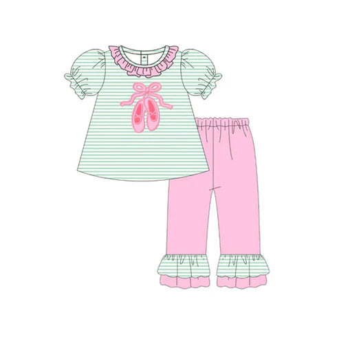 6.6 GSPO2045 Baby Girls Aqua Stripe Short Sleeves Bow Shoes Tunic Ruffle Pant Set Preorder(副本)