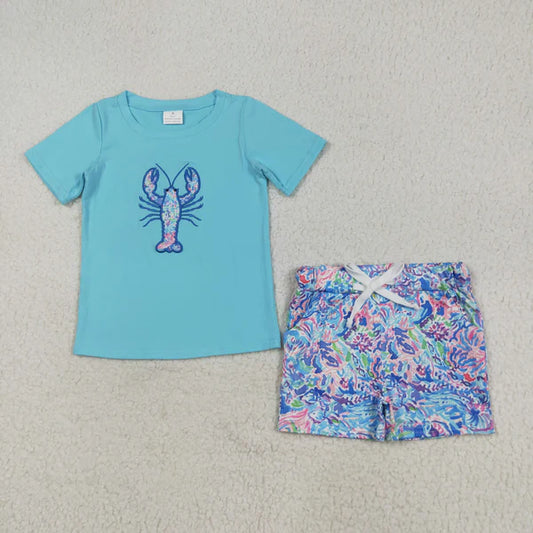 8.2 BSSO1479 Embroidery Baby Boys Blue Short Sleeves Floral Crayfish Top Pockets Short Set