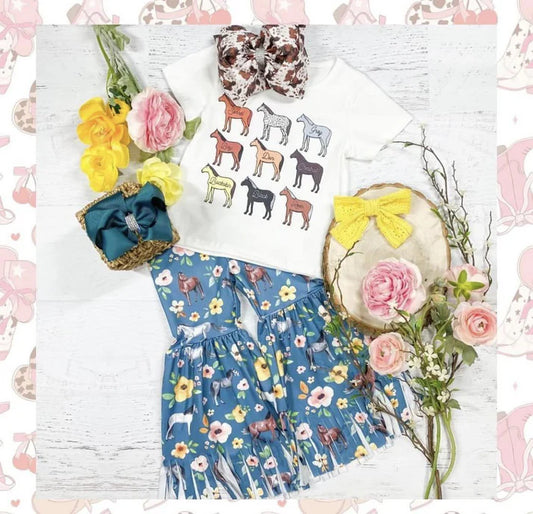 6.11 GSPO1721 Baby Girls Western Horse Top Flowers Bell Pants Clothes Sets Preorder