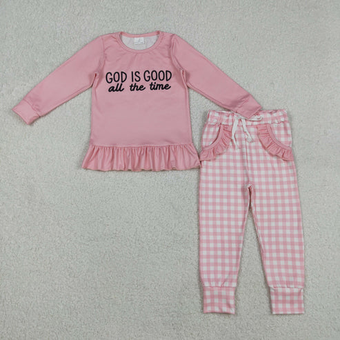 12.8 GLP3038 Baby Girls God is Good Ruffle Top Checked Pockets Jogger Pants Clothes Set