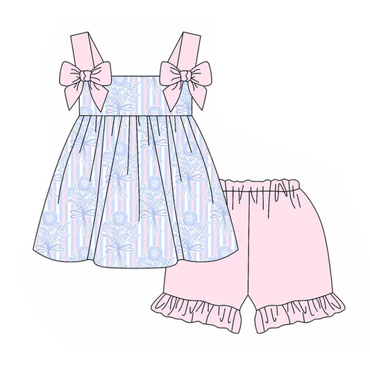 3.27 GSSO2429 Baby Girls Pink Strap Floral Stripe Tunic Ruffle Short Set Preorder